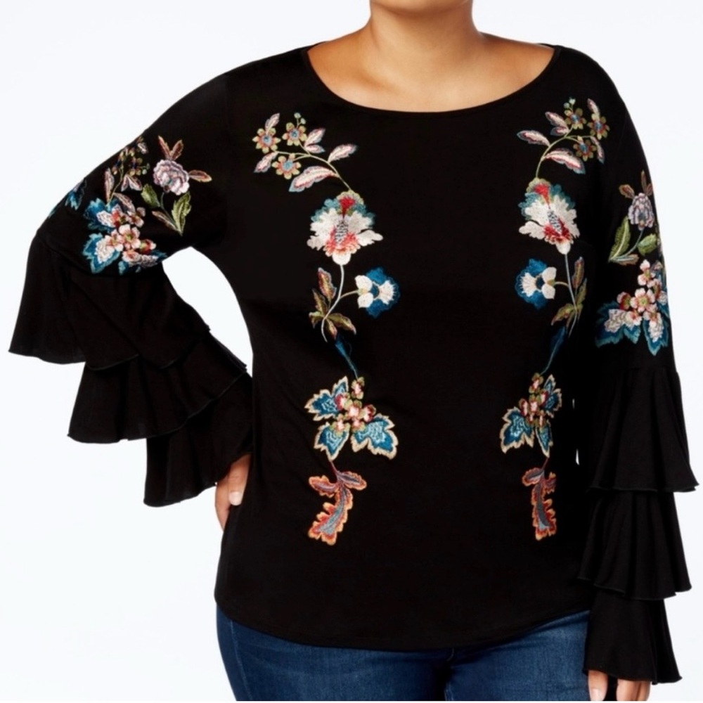 🆕 INC International Concepts - Anna Sui - Embroidered Floral - RuffleSleeve Top